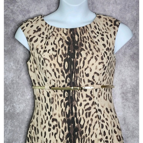 Calvin Klein‎ Sheath Dress Size 8 Brown Leopard Animal Print Belted Sleeveless - Picture 4 of 12